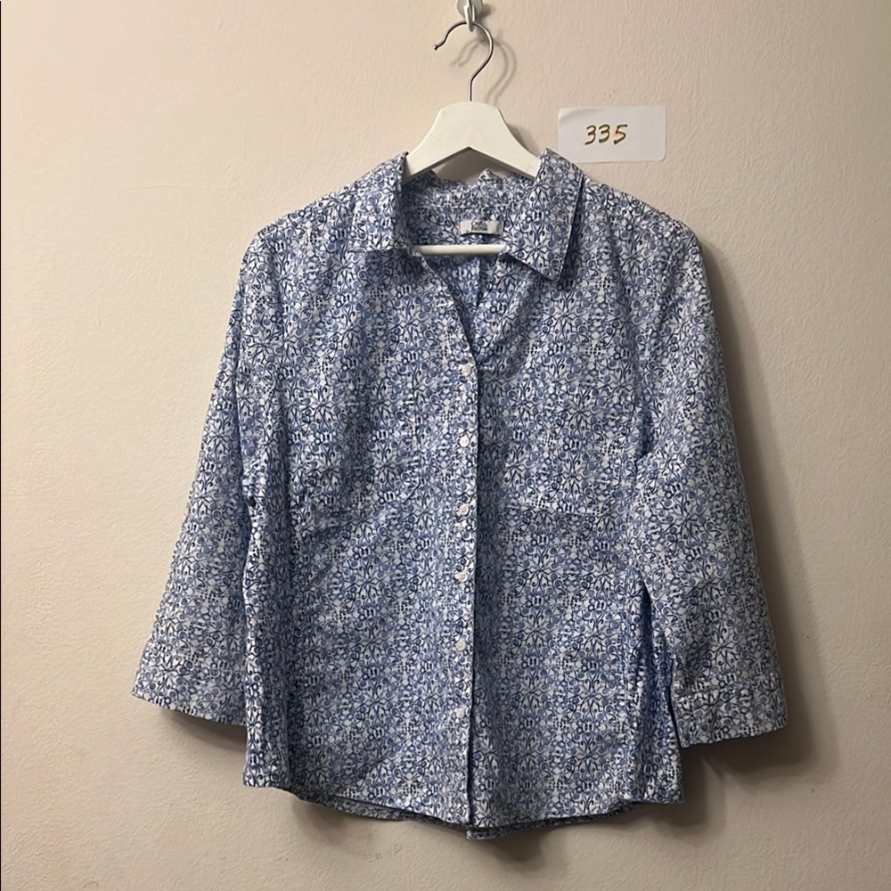 Croft & Barrow Blue 3/4 Sleeve Notched Collar Blouse Petit Sidedstretchy Fabric